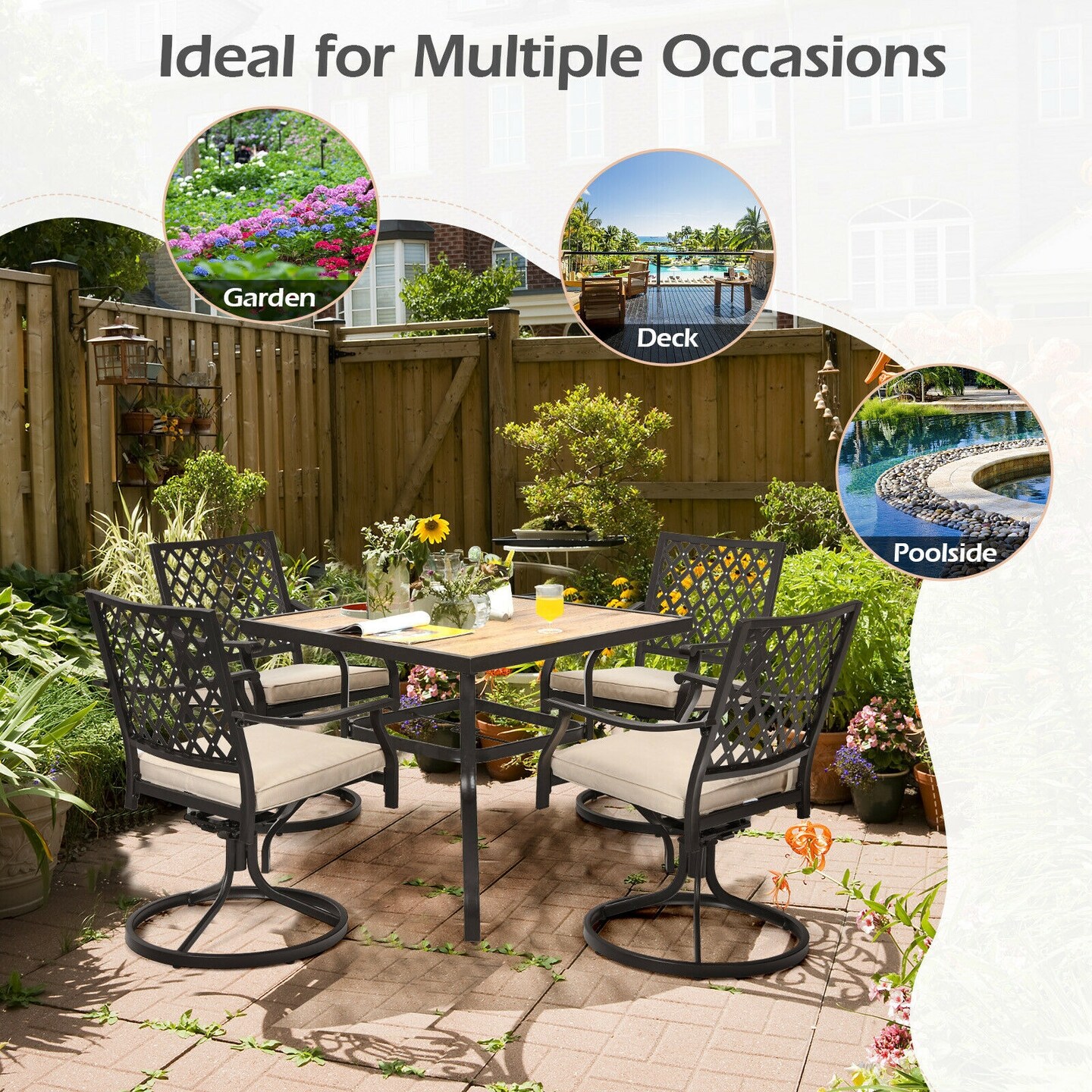 Set of 2 Beige Swivel Rocking Outdoor Chairs with Heavy-Duty Steel Frame and Removable Cushions
