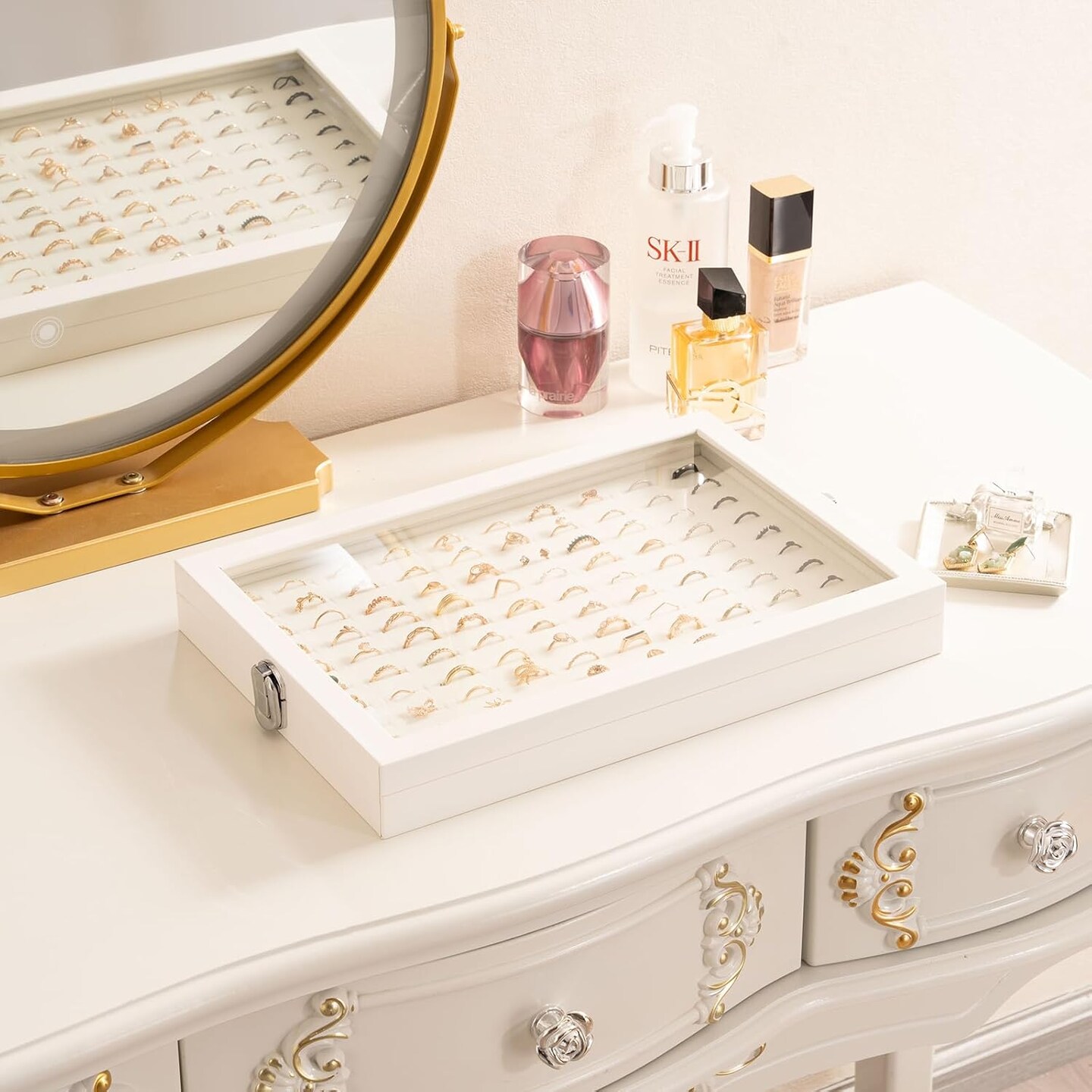 Jewelry Storage Tray with Lid, 100 Grids Velvet Ring Organizer Holder Storage Box for Drawer -Beige