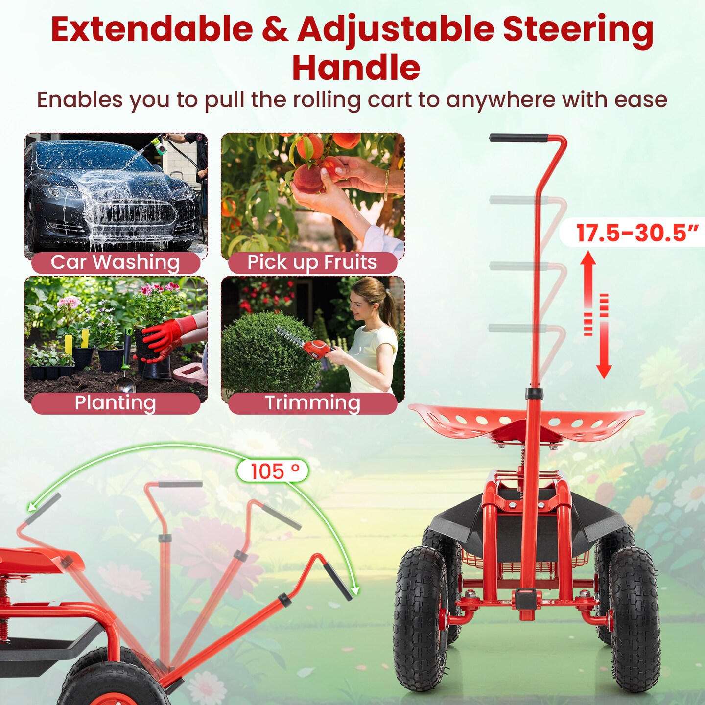 Outdoor Garden Cart with Comfortable Ergonomic Seat and Extendable Handle Mesh Basket and Tool Storage