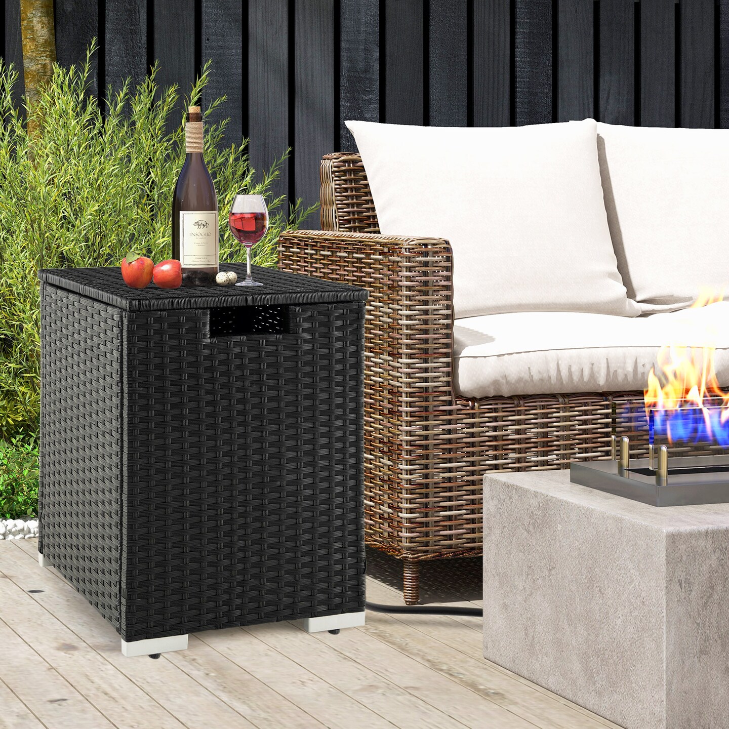 2-in-1 Multi-functional PE Wicker Propane Tank Cover Table with Metal Frame and Adjustable Foot pads