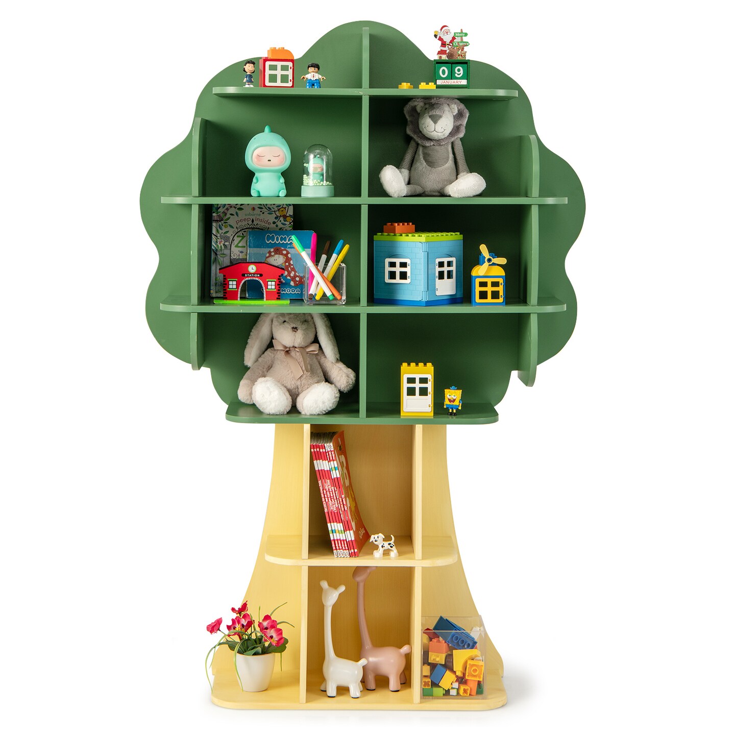 53" Tall Green Wooden Tree Bookshelf for Kids with 6 Open Storage Shelves for Toys and Learning
