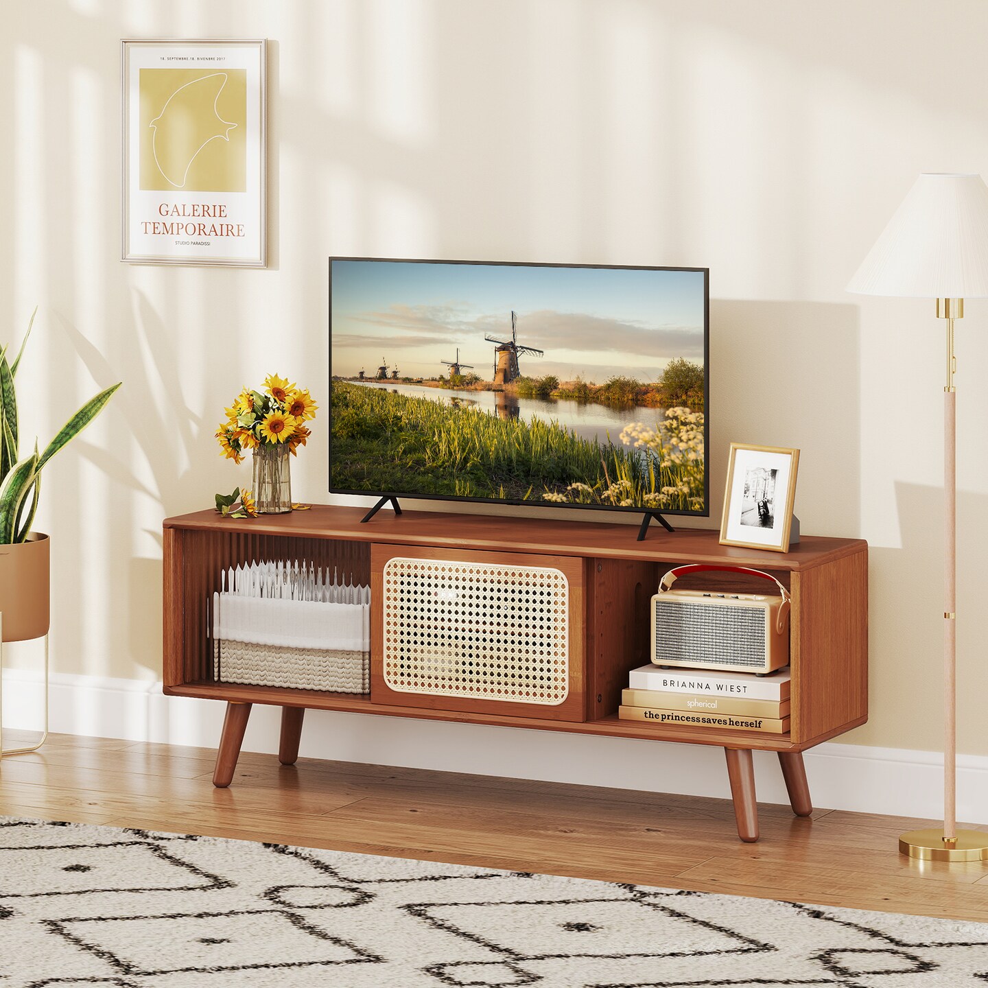 Modern Wicker TV Console with Rubber Wood Legs Adjustable Shelves and Rattan Sliding Door Design