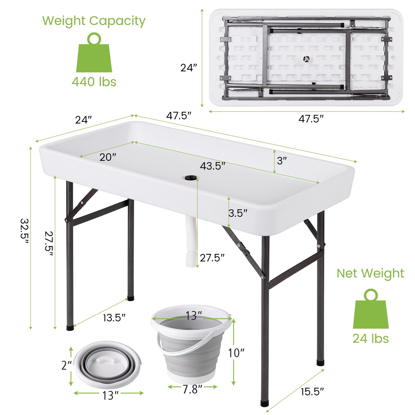 White HDPE Folding Ice Cooler Table with Metal Legs and Drain Hose