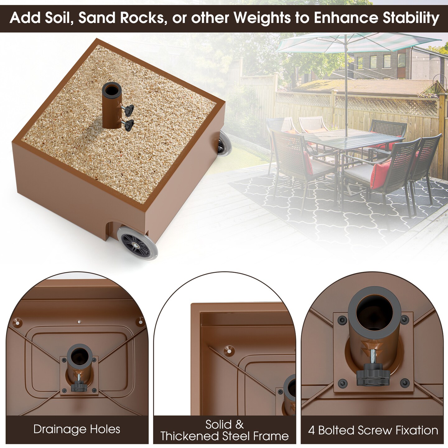Outdoor Umbrella Stand with Planter Box and Wheels for Easy Move