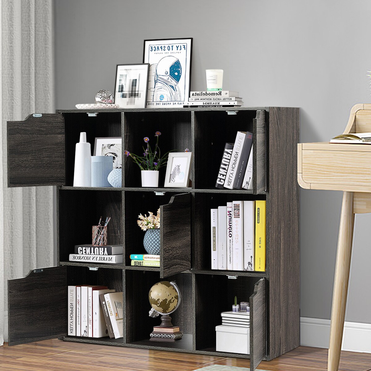 3-Tier Grey Chipboard Space-Saving 9-Cube Bookcase with Enclosed Doors for Home or Office