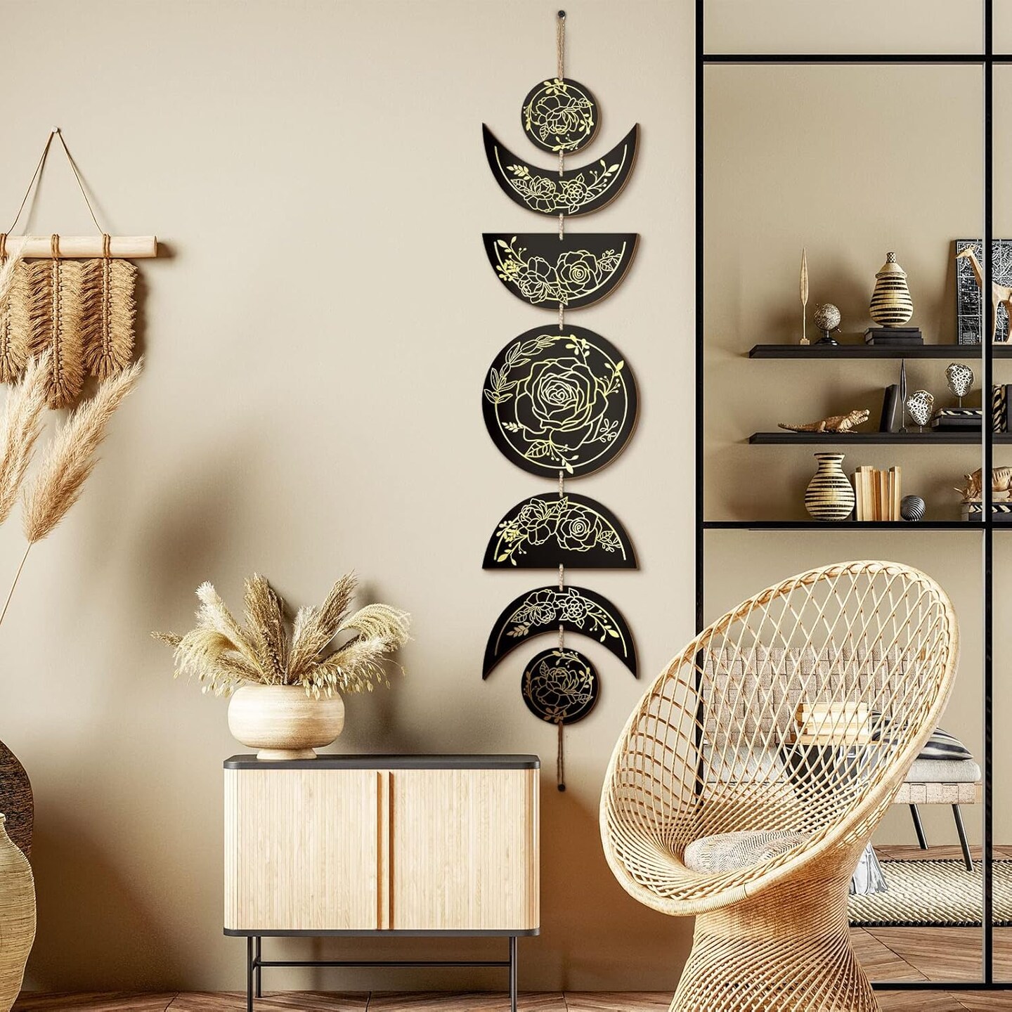 Boho Wall Decoration Moon Phases Wall Art - (Black, Gold)