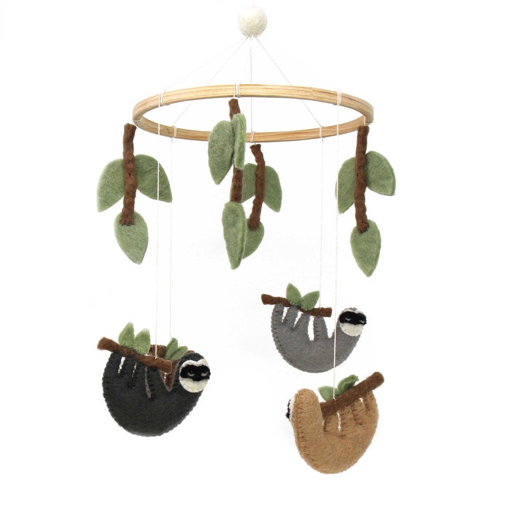 Multi-Color Hanging Sloth Mobile Handcrafted Wool Felt Nursery Room Decor for Infant Cribs
