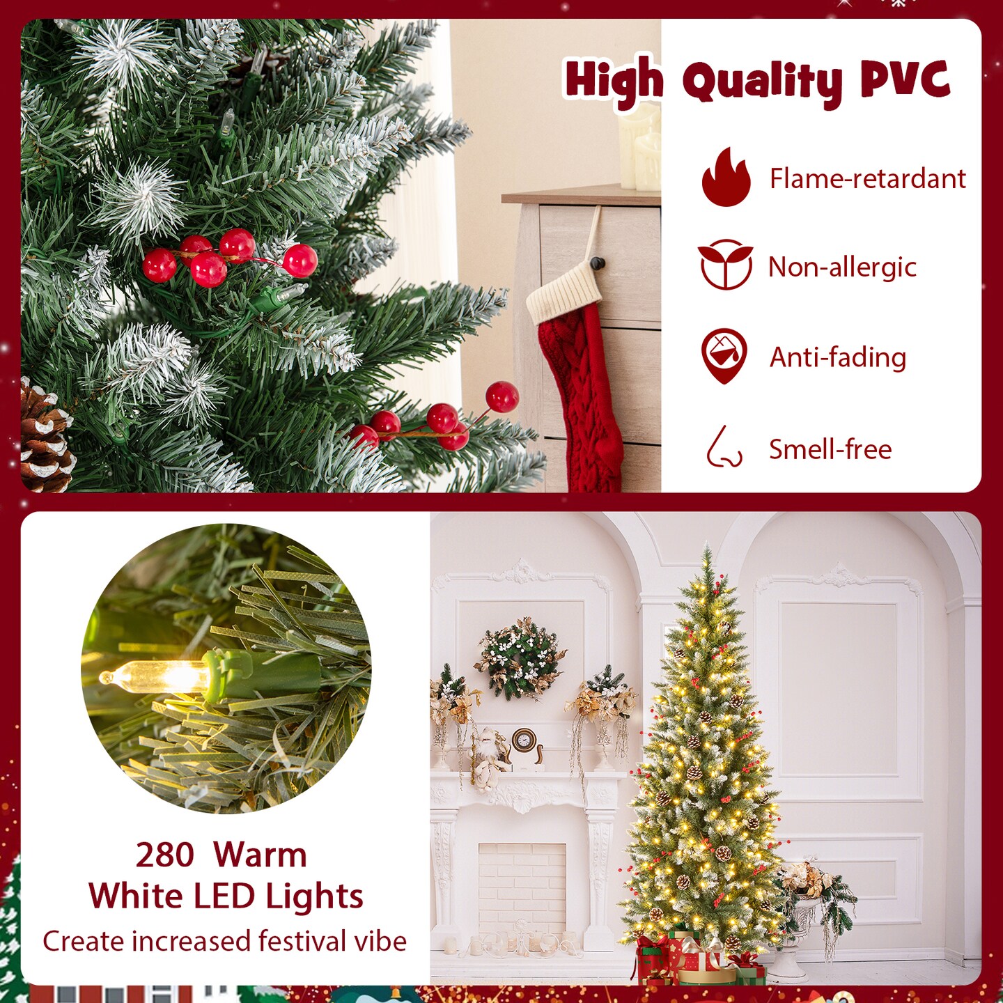 Green Pencil Christmas Tree with Warm White Lights, Snow-Frosted Tips and Metal Base