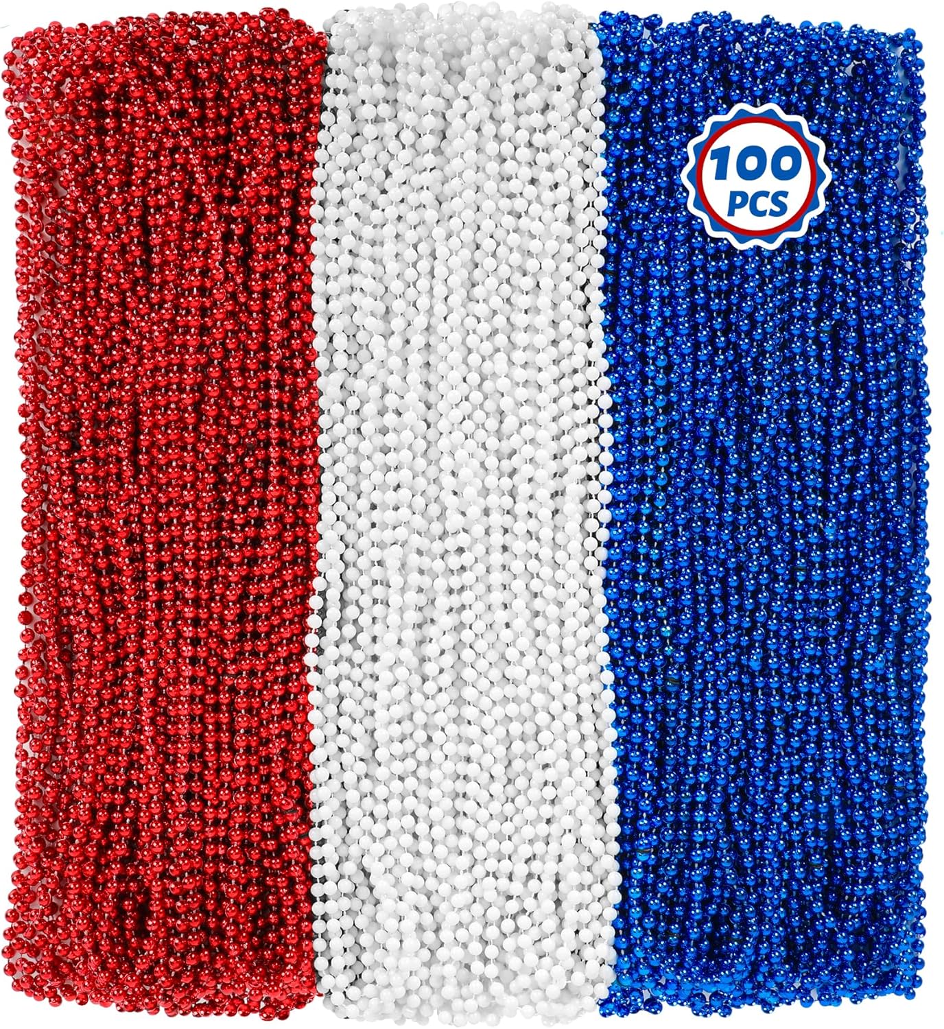 100 PCS 4th of July Beads, 33" Patriotic Beads Necklaces Bulk, Red White Blue Necklace Bulk, Independence Day Party Parade Throw Accessories