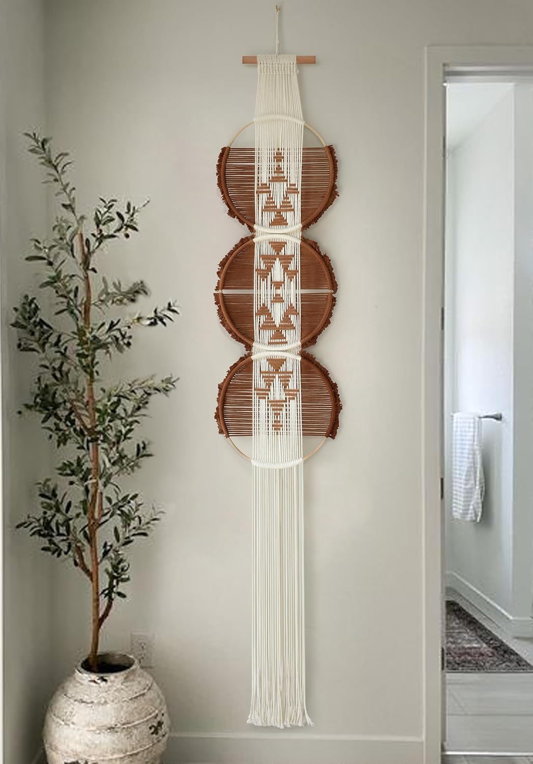Macrame Wall Hanging Boho Wall Decor Art | Brown and White|11.8W x 65L