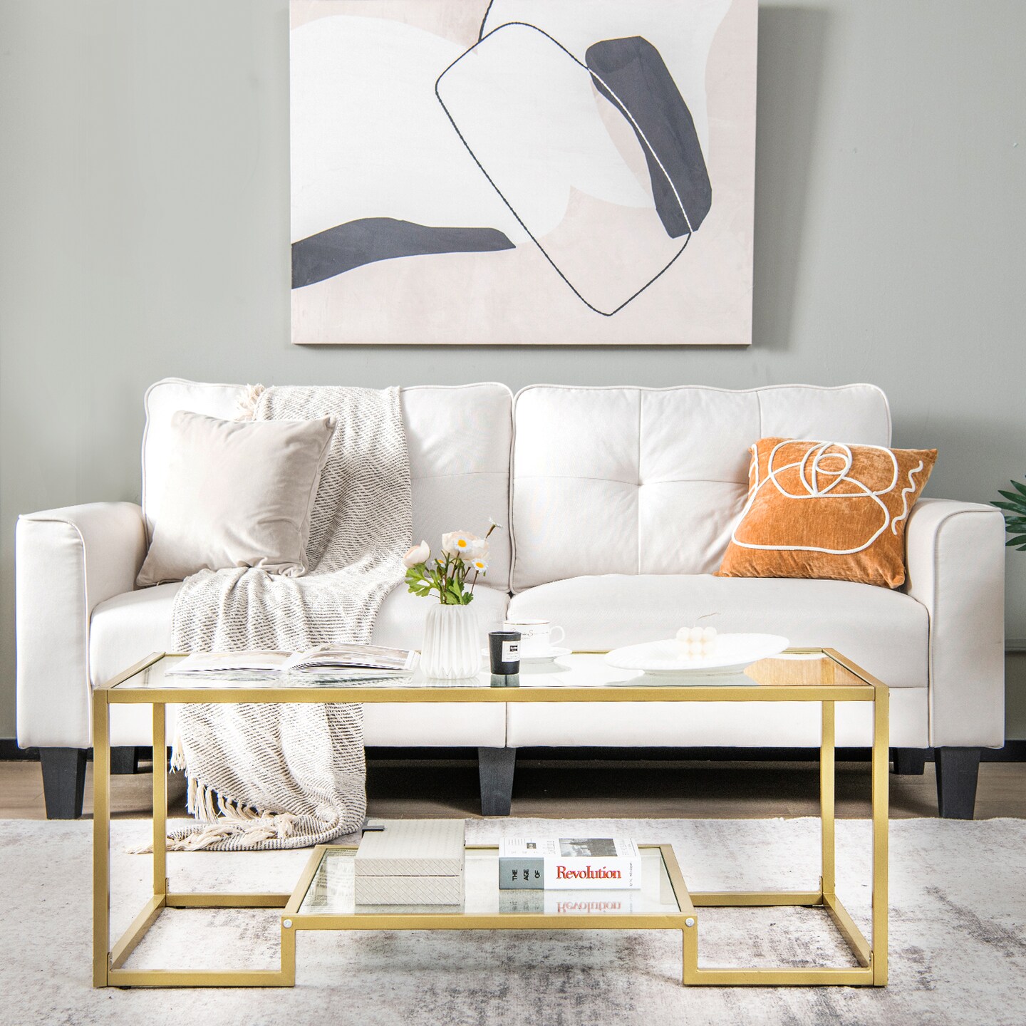 2-Tier Rectangular Glass Coffee Table with Steel Frame