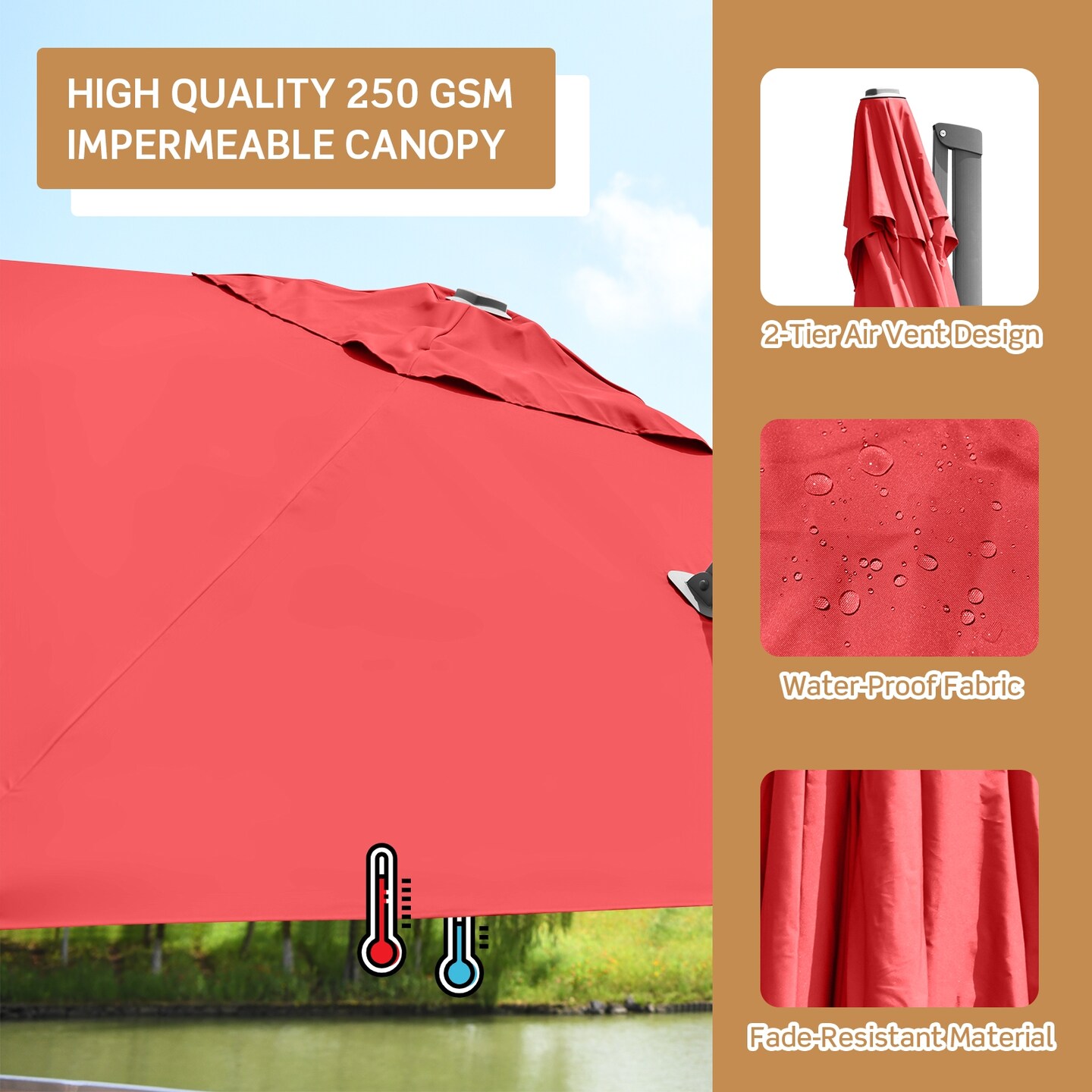 10x10 Feet Orange Polyester Outdoor Cantilever Umbrella with Aluminum Frame and Tilt Function Rust-Free