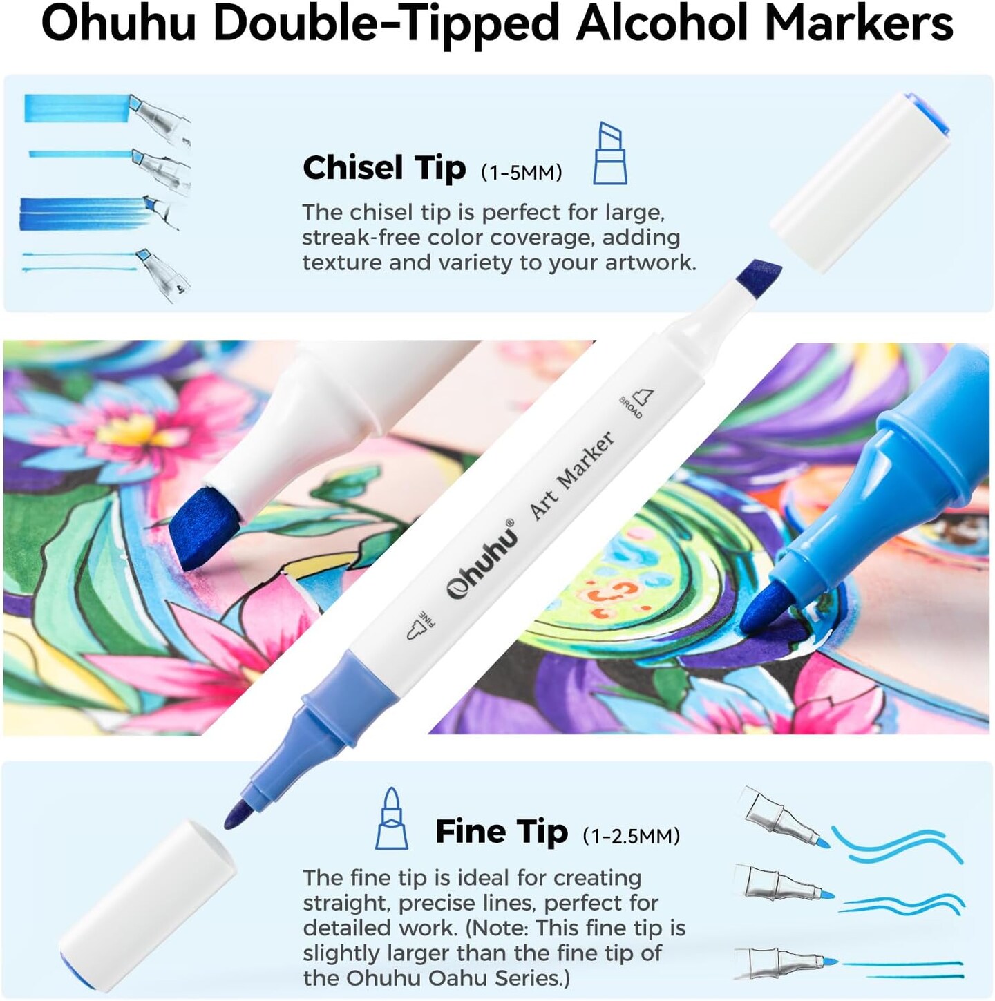Ohuhu Markers, 48-color Double Tipped Alcohol Markers, Chisel &#x26; Fine Alcohol-based Art Marker Set for Adults Coloring Illustration, Great Value Pack for Students&#x27; Art Class, Better Designed Grip