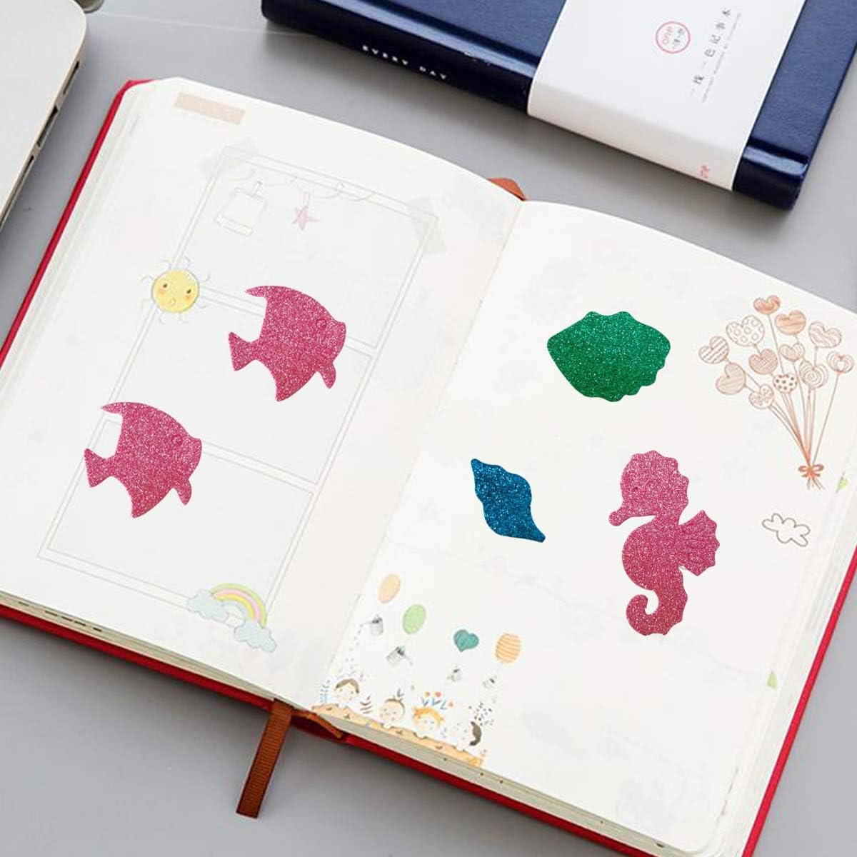 Glitter Colorful Sea Animals Shapes Foam Stickers Self Adhesive Kid's Arts Craft Supplies for Greeting Cards DIY Scrapbooking Cards Wall Creative Toys Home Decoration (Random Colors)