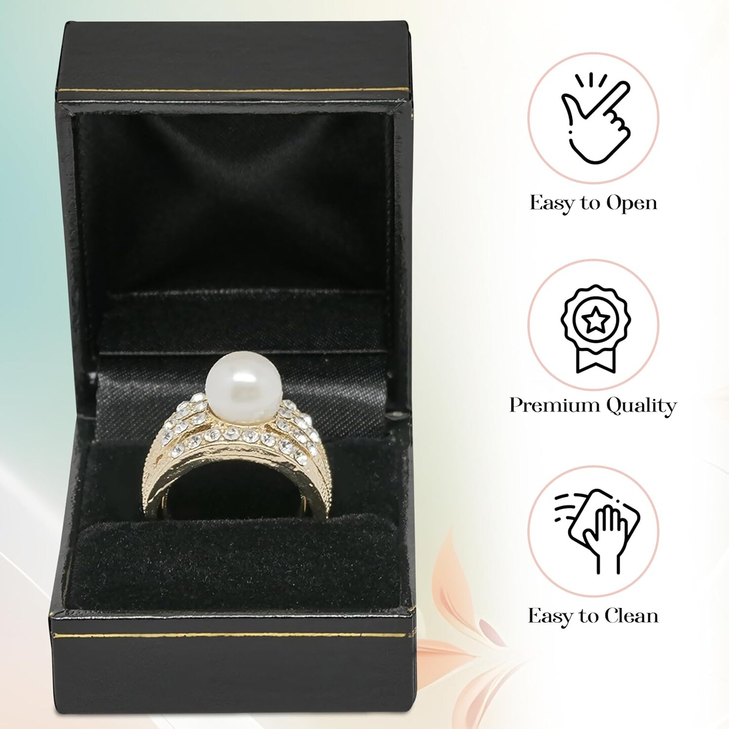 Black Jewelry Storage Box for Rings 1.8x2.1x1.5 Inches - Ring Gift Boxes with Gold Trim - Faux Leatherette Ring Storage Case - Gift Presentation Cases for Rings Only