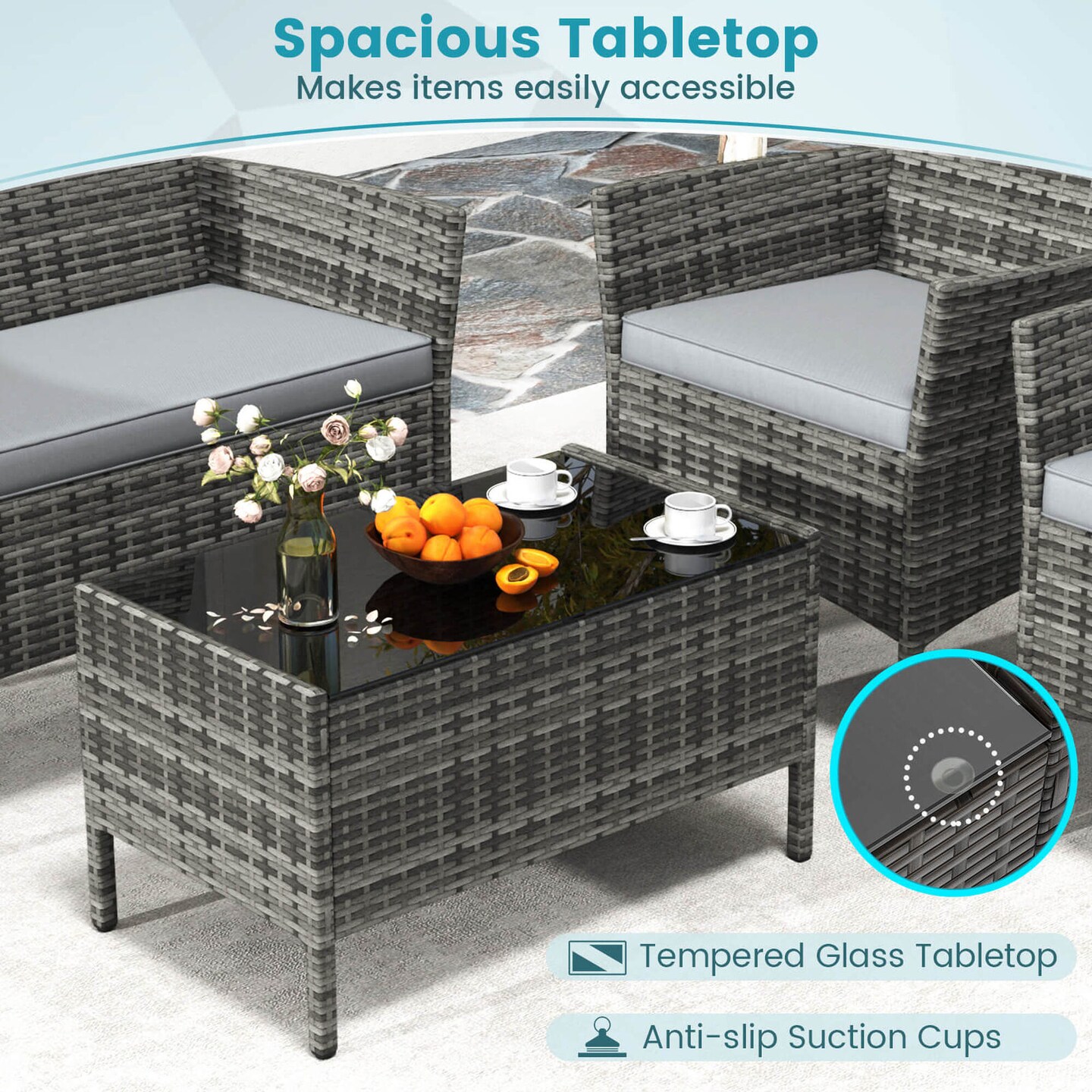 Costway 4 PCS Patio Furniture Set with Washable Cushions and Tempered Glass Coffee Table Gray