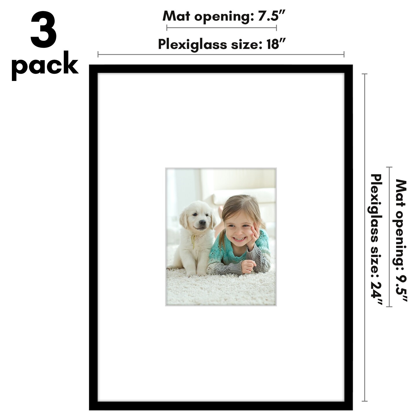 Americanflat 18x24 Poster Frame - Set of 3 - Use as 8x10 Frame with Mat or 18x24 Frame Without Mat - Black