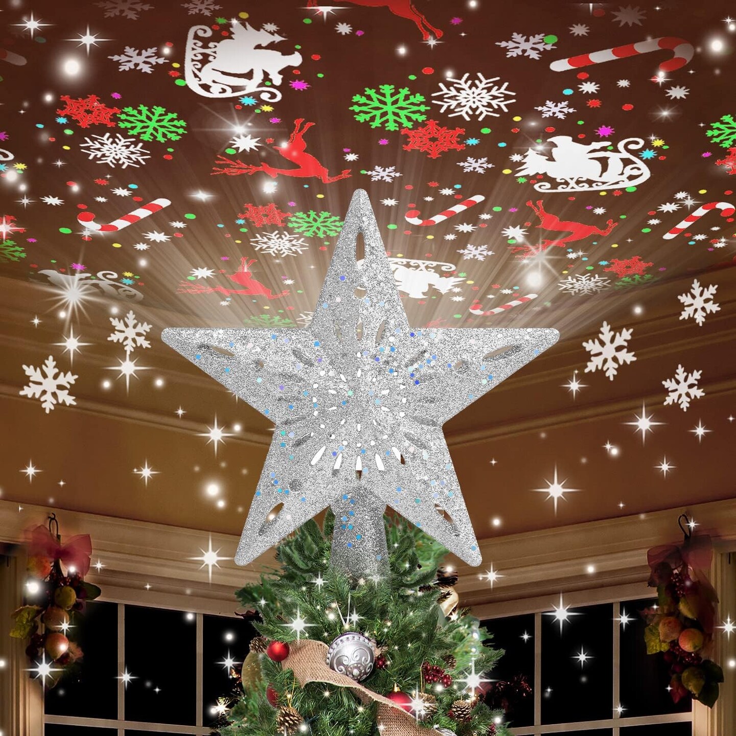 Christmas Tree Topper Lighted with 6 Projection Modes,Christmas Star Tree Topper Built-in LED Rotating Lights,Silver 3D Glitter Dynamic Projection for Xmas Party Holiday Decorations