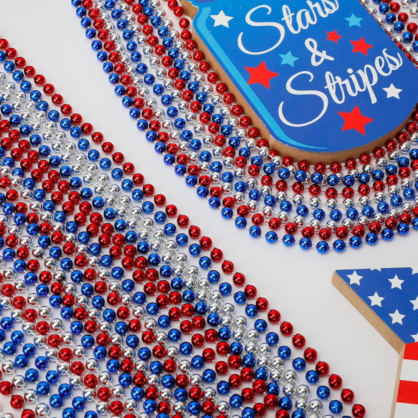 120 PCS 4th of July Necklace, 33" Red Silver Blue Metallic Beaded Necklaces, Independence Day Party Accessories Patriotic Bead Necklace for Memorial Day Fourth of July Parades Party Supplies