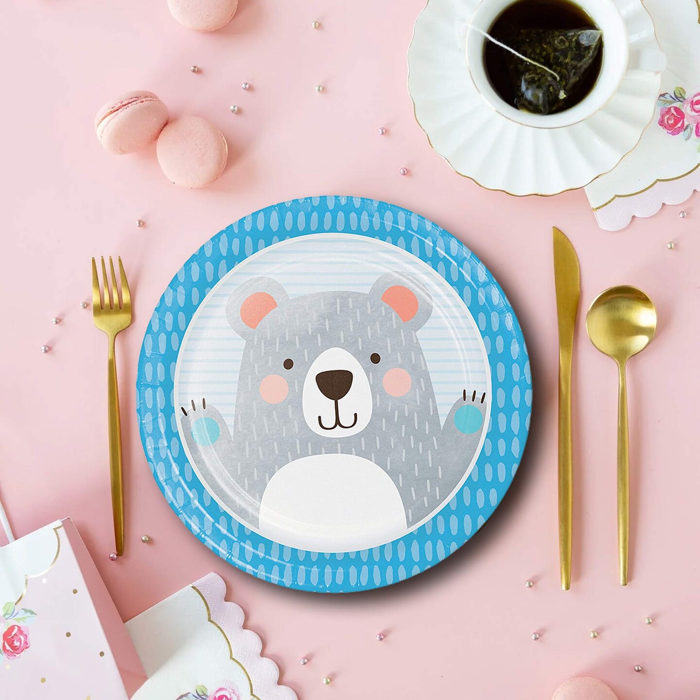 8 Ct. Blue Happy Bear Paper Dinner Plates Cute Bear-Themed Tableware for Baby Showers & Birthdays