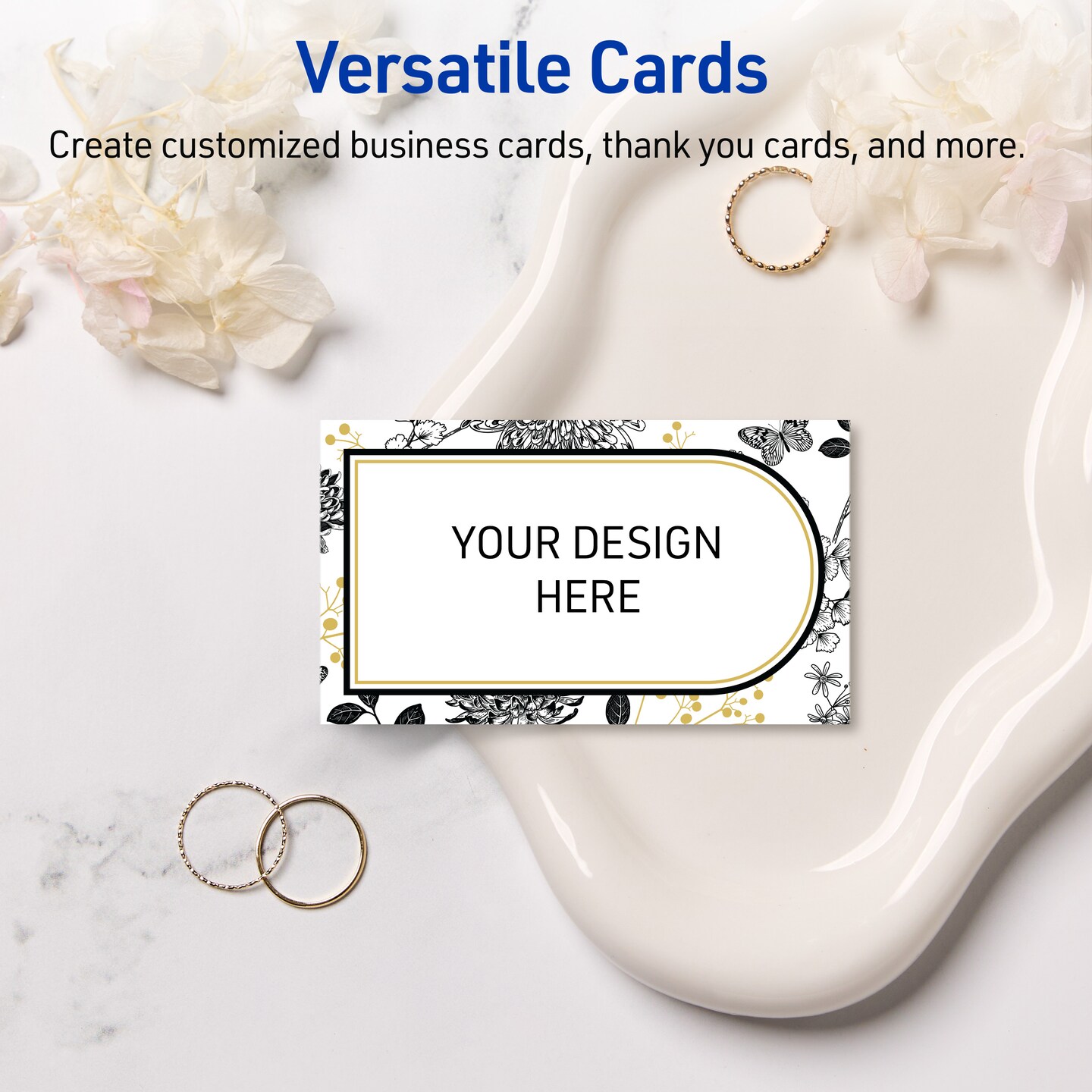 Avery Printable Rectangle Business Cards, 2" x 3.5", Matte White, Pre-printed Arched Gold & Black Florals Design, Sure Feed Technology, Laser & Inkjet Compatible, 160 Total