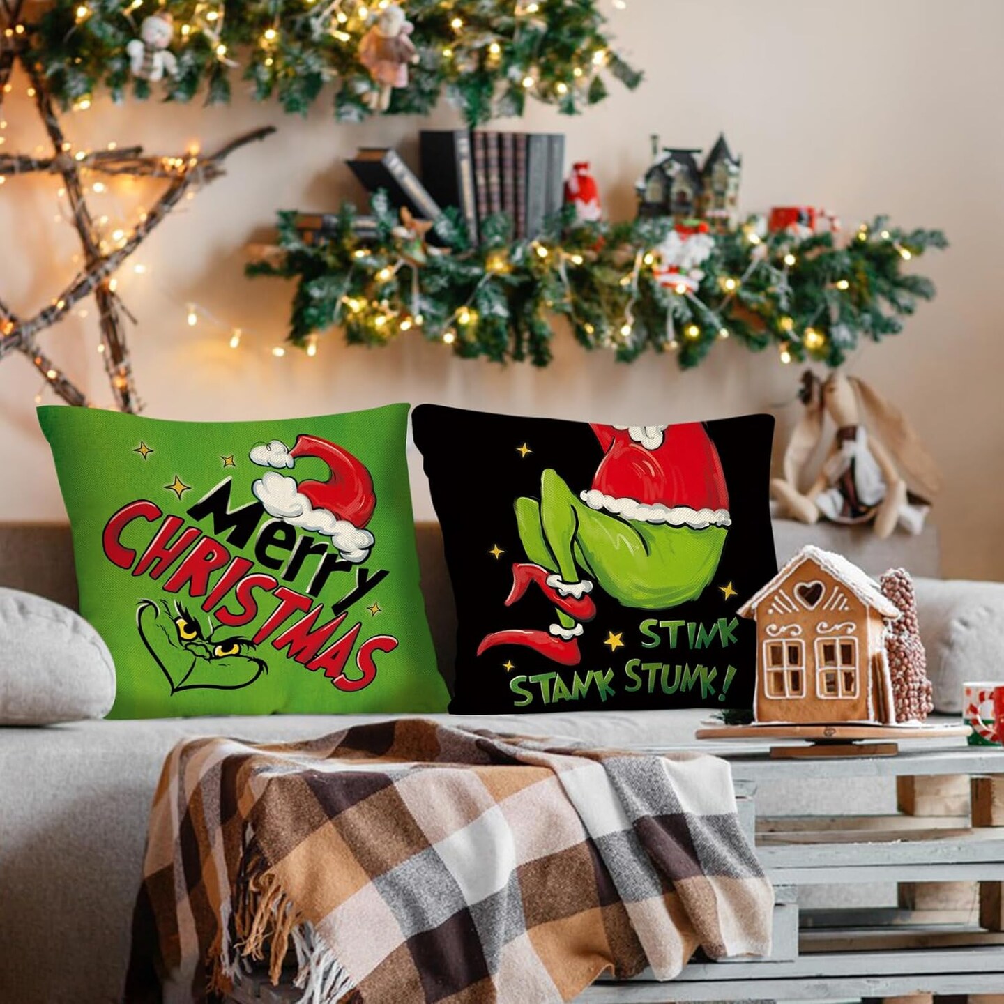 Merry Christmas Decorative Throw Pillow Covers 18x18 Set of 4, Hohoho Xmas Gift Wreath Santa Hat Green Black Porch Outdoor Home Decor, Stink Stank Stunk Winter Holiday Decorations Cushion Case