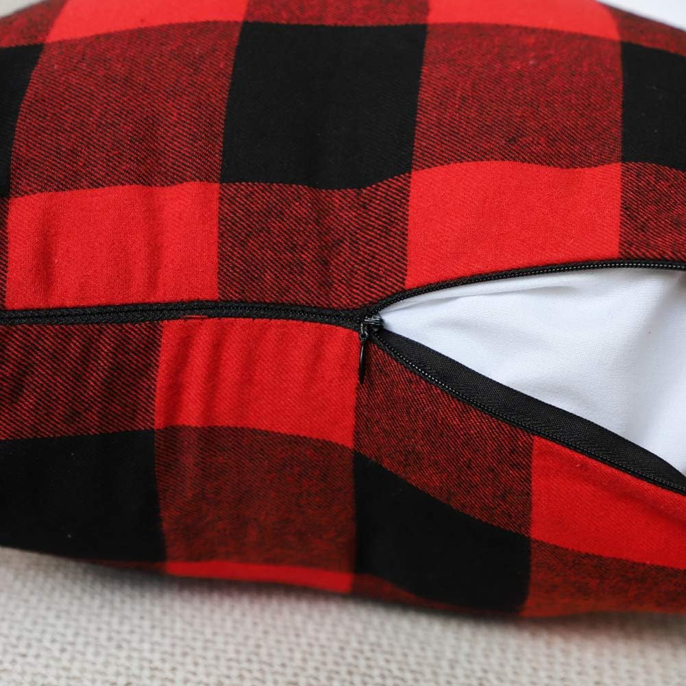 Set of 2 Christmas Buffalo Check Plaid Throw Pillow Covers Cushion Case Polyester for Farmhouse Home Decor Red and Black, 18 x 18 Inches