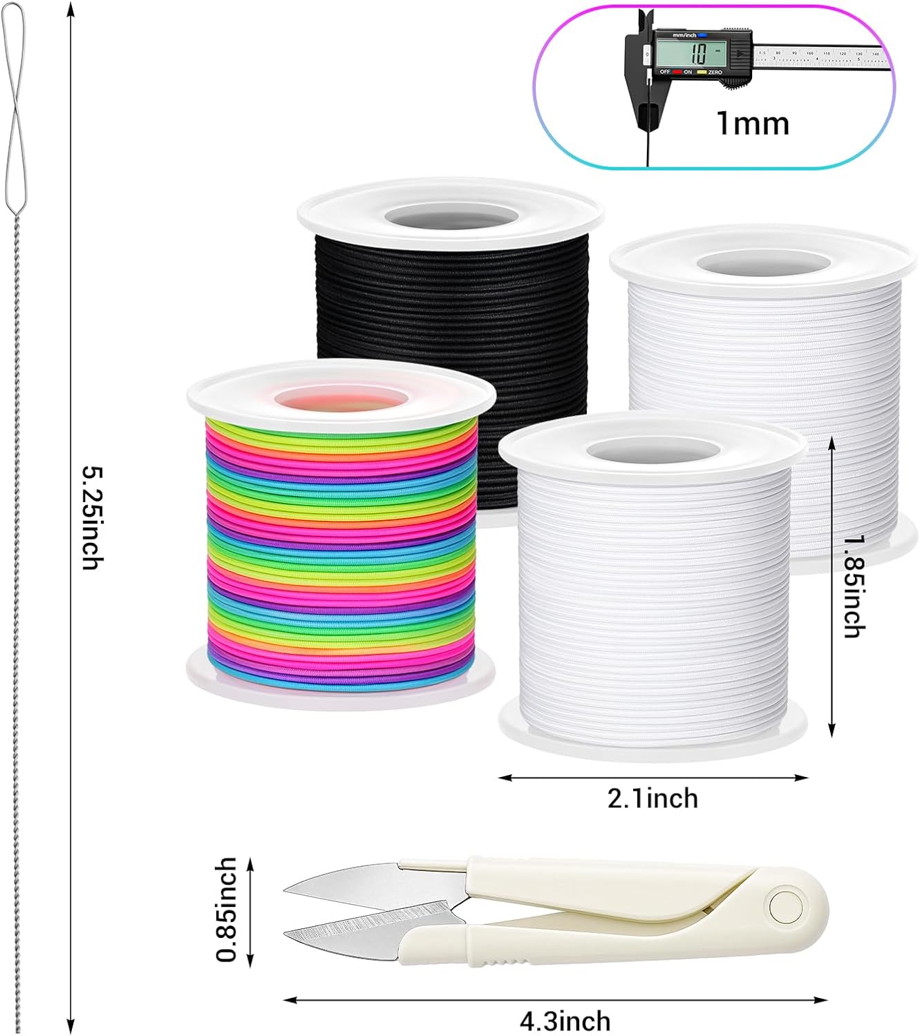 Stretchy Bracelet String Kit – 4 Rolls Elastic Cord (Black, White, Rainbow) with Scissors & Beading Needle, 1mm Elastic Jewelry String for DIY Bracelets, Necklaces, Beading, 660FT Total