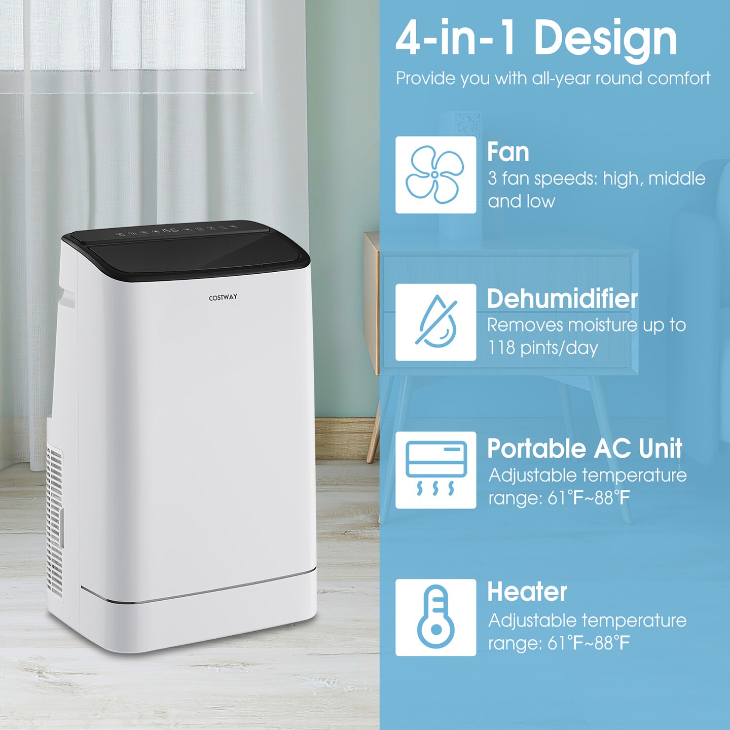 Costway 15000 BTU Portable Air Conditioner with Remote APP Control Cool Fan Heat Dehum