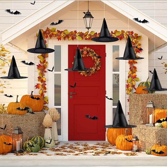 12pack Black Halloween Witch Hats with 3D Bats