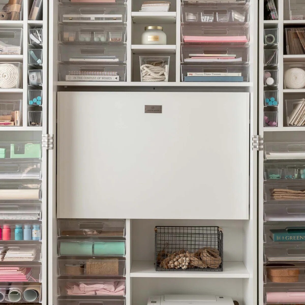 DreamBox Craft Storage Cabinet with Table - Deluxe Crafting Cabinet &#x26; Closet Organizer with Drawers, Totes &#x26; Folding Design | Create Room Original ScrapBox Craft Cabinet