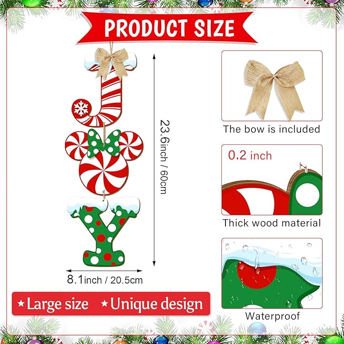 3 Pieces Christmas Joy Door Sign Decorations, Peppermint Candy Mouse Shaped Wreath for Front Door, Wood Joy Wall Sign Door Hanger for Xmas Party Winter Home Holiday Decor with Bow