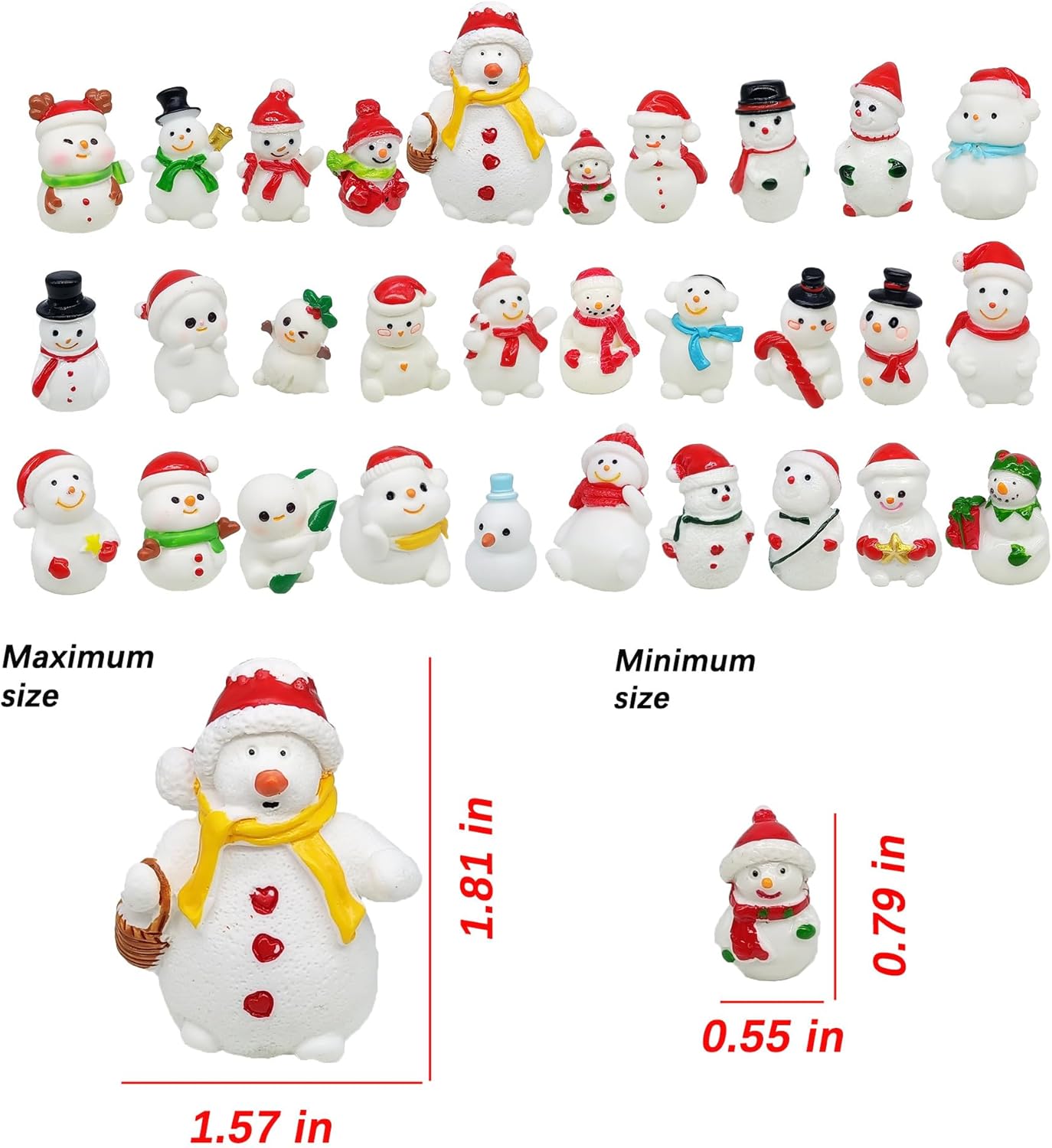 30 Styles Mini Resin Snowman Miniature Christmas Figurines Tiny Figures Bulk for Xmas Snow Globe Fairy Garden