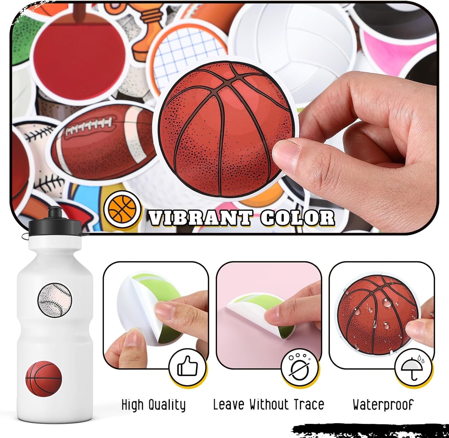 200 Pcs Sport Stickers Bulk for Water Bottles Vinyl Waterproof Mixed Balls Stickers Sports Sport Ball Stickers for Sports Party Favors Birthday Supplies