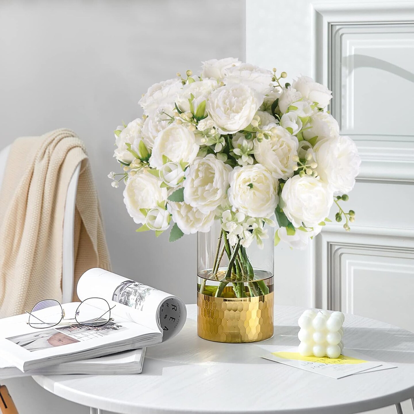 Artificial Summer Tabletop Floral Arrangements Peonies Silk Flowers, White Faux Peony Bouquet 4 Bundles Florals Arrangements Decor