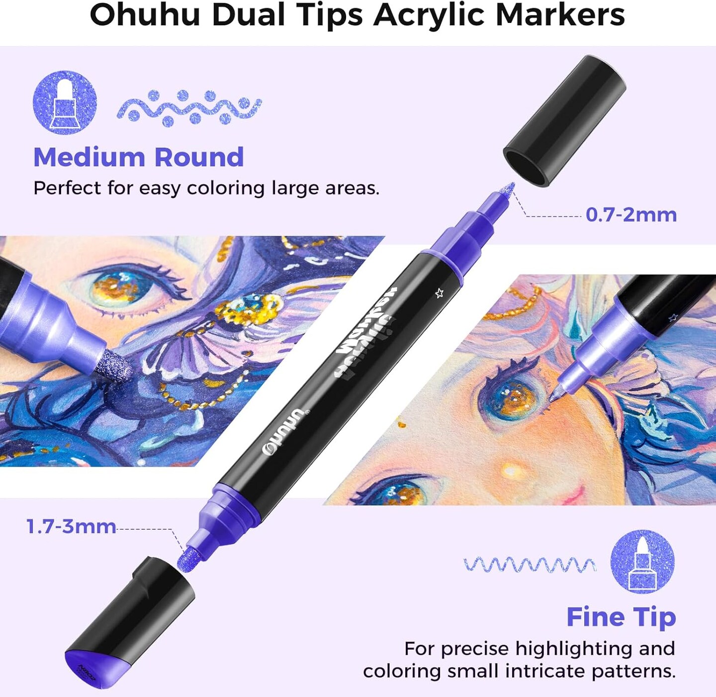 Ohuhu Acrylic Paint Markers 24 Metallic Colors 30 Pens: Dual Tips (Round &#x26; Fine) Acrylic Markers High Opacity Paint Pens Waterproof Lightfast for Rock Painting Eggs Wood Glass Ceramic - Kakaako