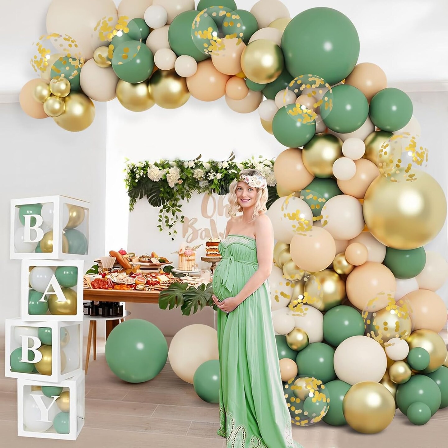 Sage Green Baby Shower Decorations for Boy or Girl - 136pcs Baby Shower Decor, Baby Shower Balloon Boxes with Green Gold Balloon Arch Garland Kit