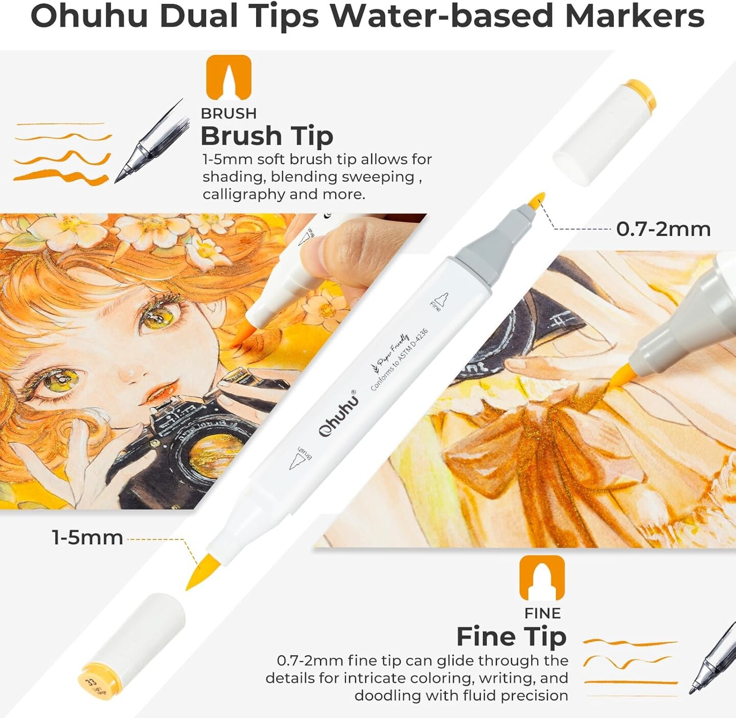 Ohuhu Markers Paper-friendly No Peeling Water-based Coloring Markers 60 Colors Dual Brush Fine Tips Markers for Adult Coloring Books No Bleeding Art Markers for Kids Adults Beginner Calligraphy