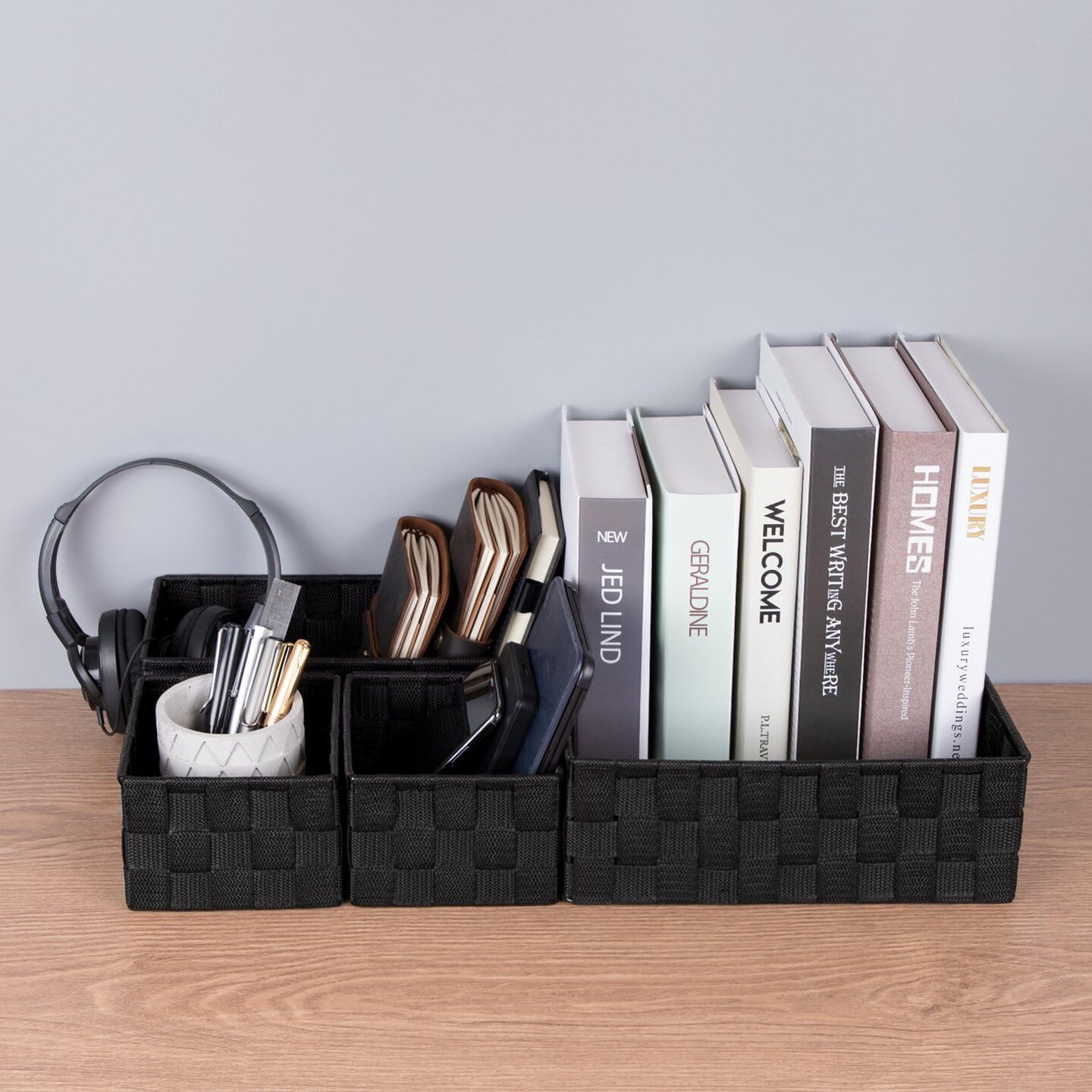 Summer Woven Storage Baskets for Organizing, Small Black Baskets Cube Bin Container Tote Organizer Divider for Drawer, Closet, Shelf, Dresser, Set of 4