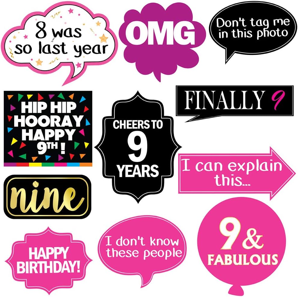 9th Birthday Photo Booth Party Props - 40 Pieces - Funny Kids Birthday Party Supplies, Decorations and Favors
