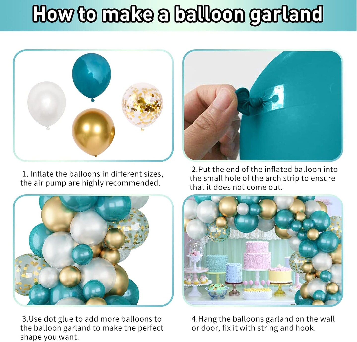 Matte Turquoise Blue Pearl White Balloons Garland Arch Kit Metallic Gold Balloon with Gold Confetti Latex Balloon Teal Blue Balloons Chrome Gold Party Decorations