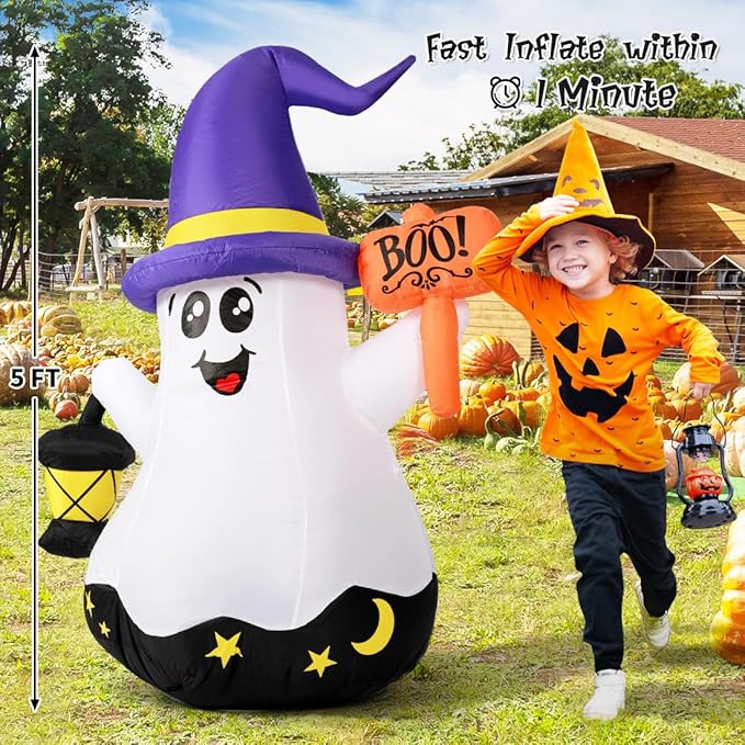 GOOSH 5 FT Halloween Inflatables Cute Wizard Ghost with Hand-Held Light and Built-in LEDs