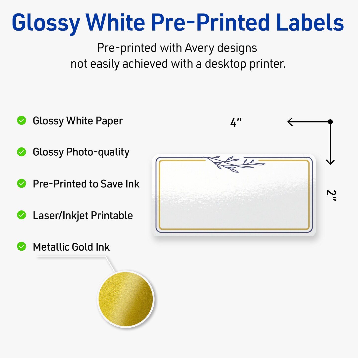 Avery Printable Rectangle Labels, Gold &#x26; Navy Border with Florals, 2&#x22; x 4&#x22;, Glossy White Rectangle Labels, Permanent, Laser/Inkjet, 100ct, Great for Product Labels