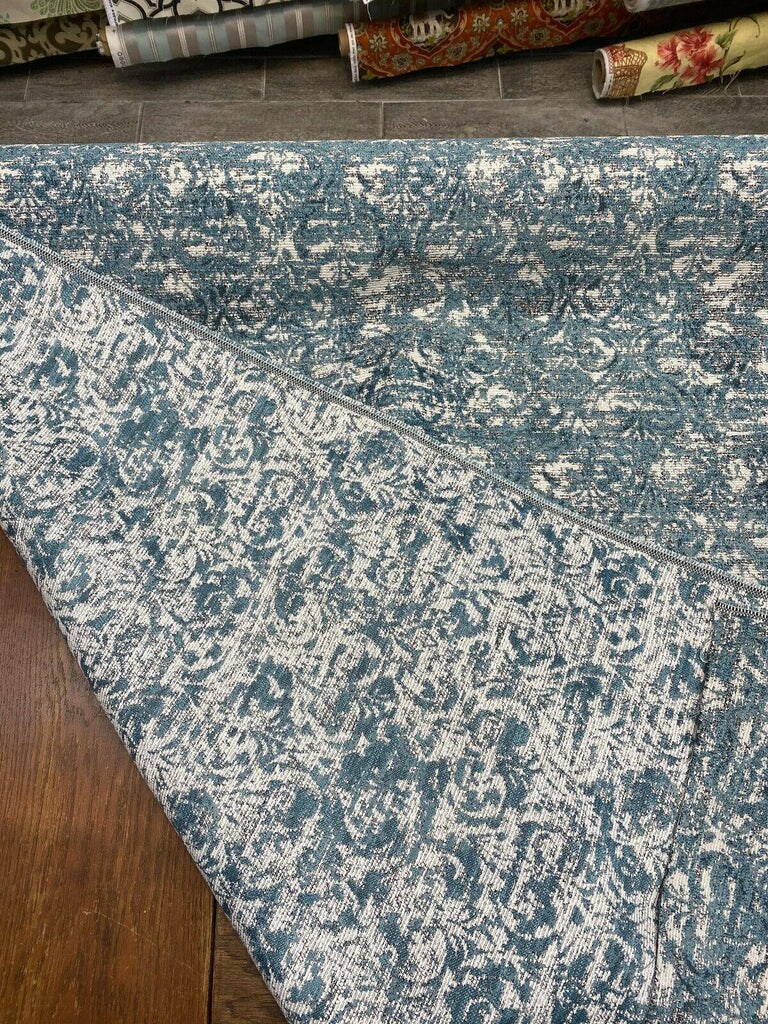 1 Yard Upholstery Chenille Fabric Aqua Teal Damask Soft Durable 100% Polyester 54 Inch Width