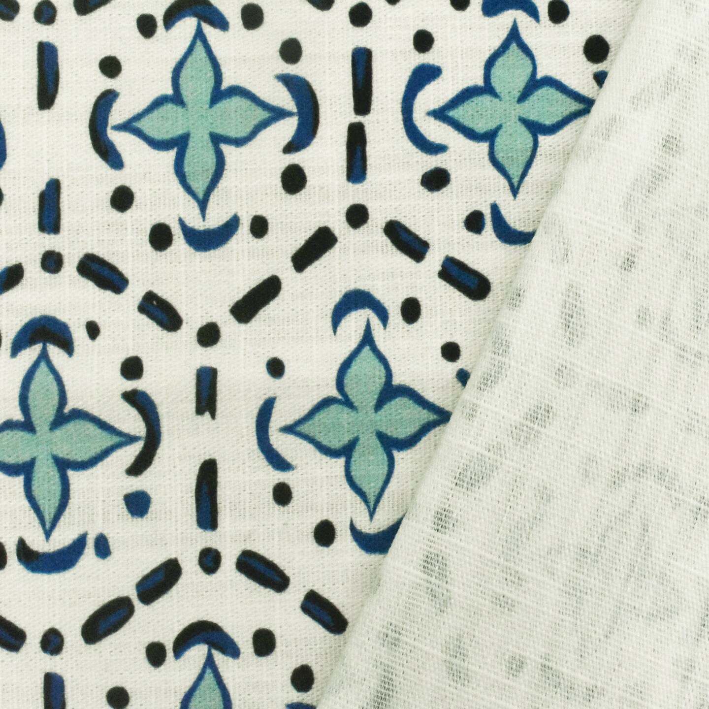 Aqua Teal-Blue Abstract Tile Printed Slub Woven Decorating Fabric By the Yard