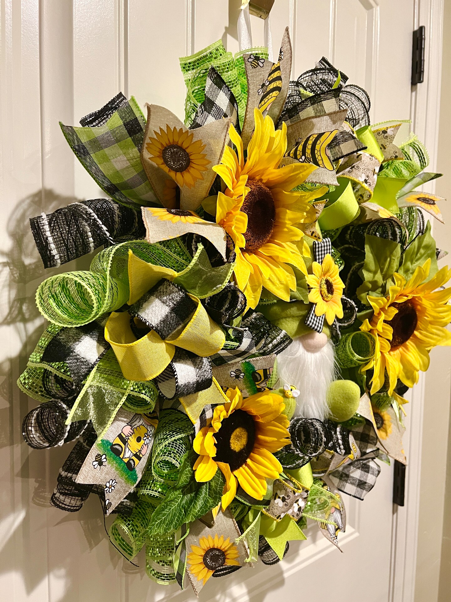 Summer Sunflower Ribbon Wreath Gnome Handmade 22 inches Diam. W7