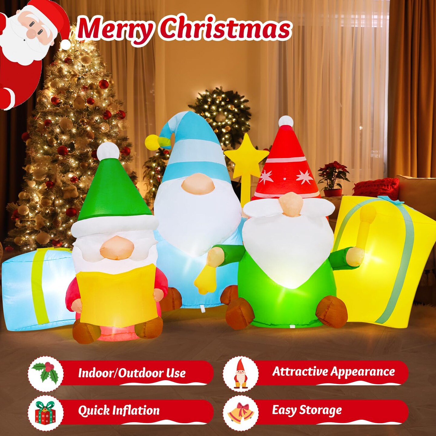 6 FT Long Christmas Inflatables 3 Gnomes Reading The Bible and Ringing The Bell Outdoor Decorations, Build in LEDs Inflatable Christmas Gnome Blow Up Yard D&#xE9;cor Holiday Xmas Indoor Patio Lawn