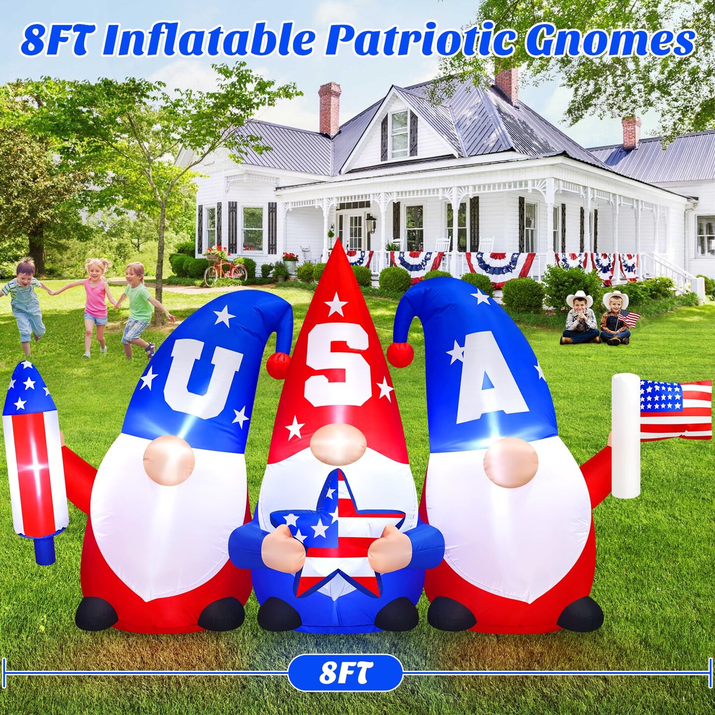 8 FT Long Patriotic 4th of July Inflatables Outdoor Decorations Independence Day 3 Gnomes Holding Flag, Rocket and Star, Built in LED Lights Blow Up Yard Decor for Memorial Day, Lawn, Garden, Party