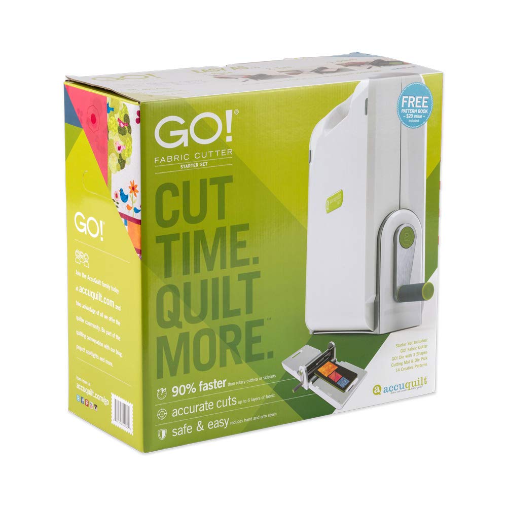 AccuQuilt GO! Fabric Cutter Starter Set including the GO! Fabric Cutter, Original Handle, GO! Value Fabric Cutting Die, GO! 6&#x201D; x 12&#x201D; Cutting Mat, 20 Pg Pattern Book, and Die Pick.