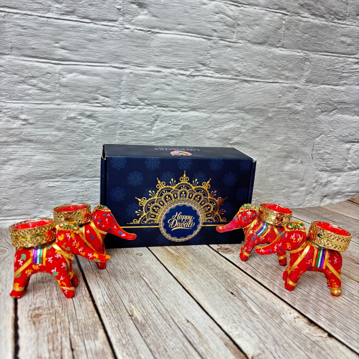 Personalized Diwali Gifts Hamper Set of 4 Elephant Tealight Candle Holder Diwali Custom Gifts Boxes Indian Festival Deepawali Hamper for Employees Home Office Friends Family - Return Gift